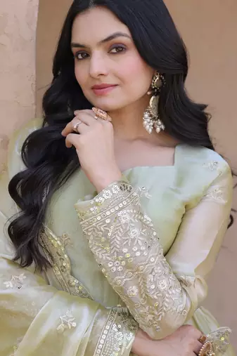 Green fendi silk embroidered anarkali gown with dupatta