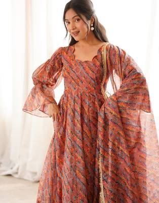 Orange tebi organza gown set with pant & dupatta 2