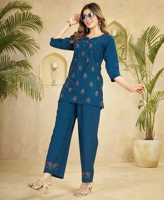 Teal blue heavy viscose rayon embroidered co-ord set 1
