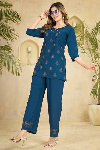 Teal blue heavy viscose rayon embroidered co-ord set