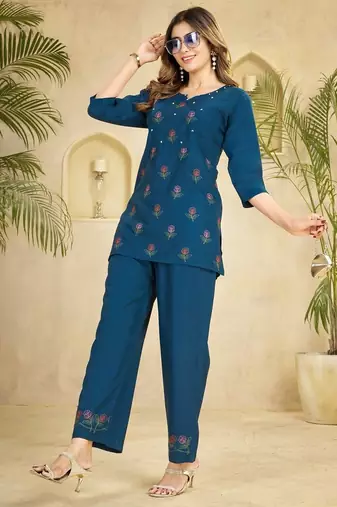 Teal blue heavy viscose rayon embroidered co-ord set