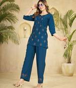 Teal blue heavy viscose rayon embroidered co-ord set