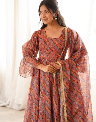 Orange tebi organza gown set with pant & dupatta 3