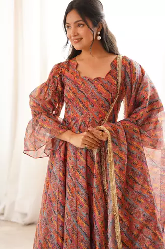 Orange tebi organza gown set with pant & dupatta