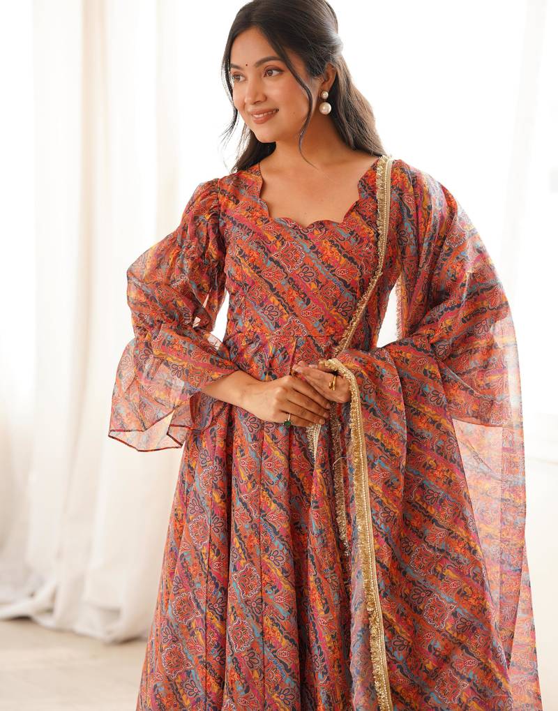 Orange tebi organza gown set with pant & dupatta