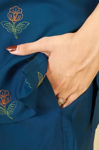 Teal blue heavy viscose rayon embroidered co-ord set