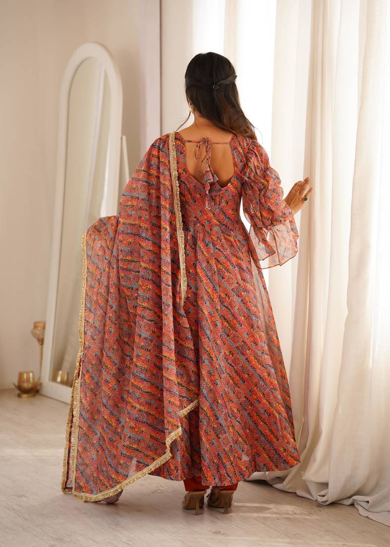 Orange tebi organza gown set with pant & dupatta