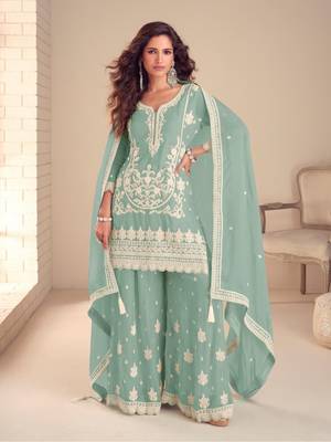Sea green real chinon embroidered salwar suit with dupatta 1