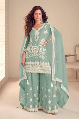 Sea green real chinon embroidered salwar suit with dupatta