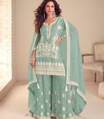 Sea green real chinon embroidered salwar suit with dupatta