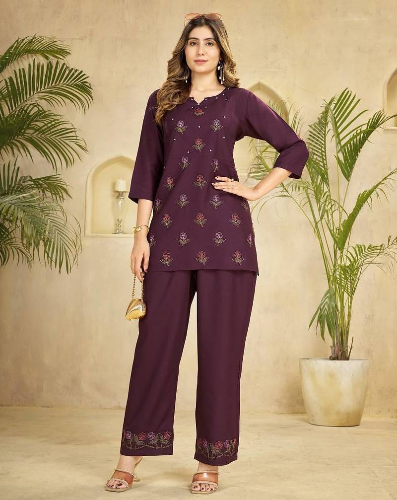 Wine heavy viscose rayon embroidered co-ord set