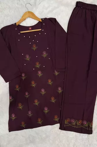 Wine heavy viscose rayon embroidered co-ord set