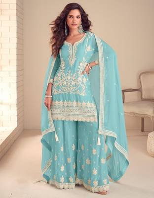 Sky blue real chinon embroidered salwar suit with dupatta 1