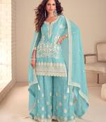 Sky blue real chinon embroidered salwar suit with dupatta