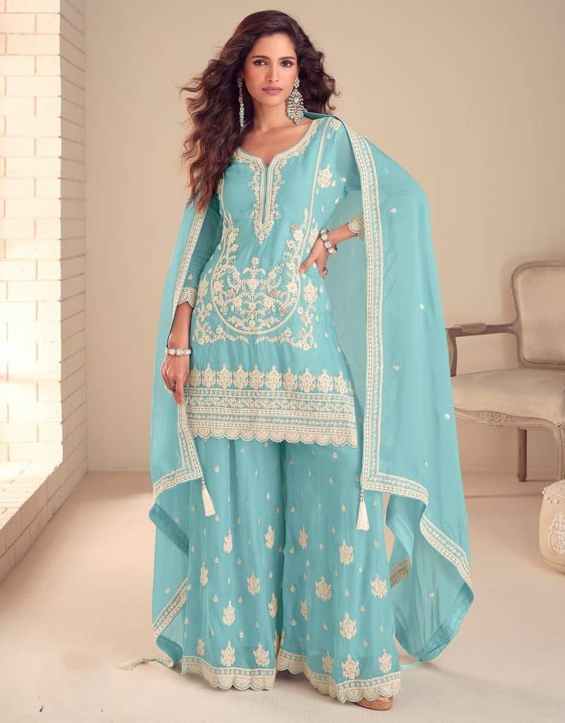 Sky blue real chinon embroidered salwar suit with dupatta