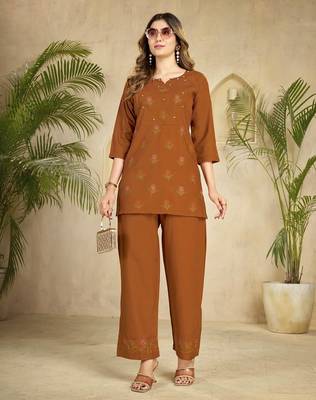 Wrown heavy viscose rayon embroidered co-ord set 1