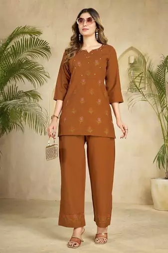 Wrown heavy viscose rayon embroidered co-ord set