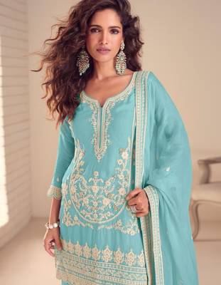 Sky blue real chinon embroidered salwar suit with dupatta 2