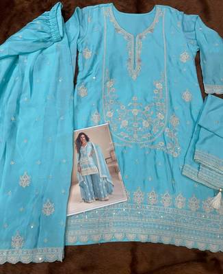 Sky blue real chinon embroidered salwar suit with dupatta 3