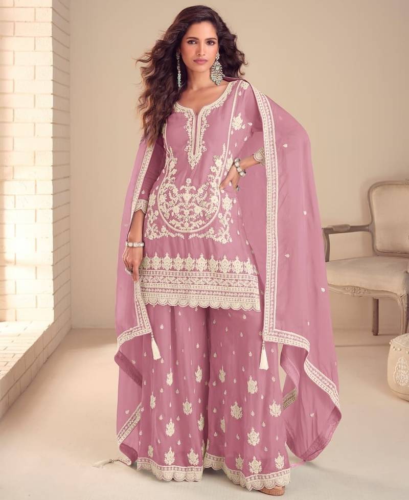Pink real chinon embroidered salwar suit with dupatta