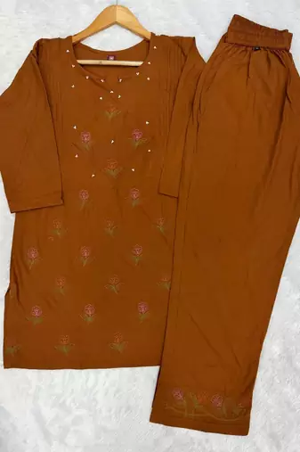 Wrown heavy viscose rayon embroidered co-ord set