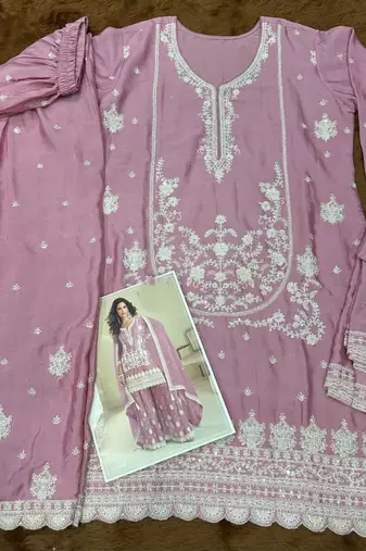 Pink real chinon embroidered salwar suit with dupatta