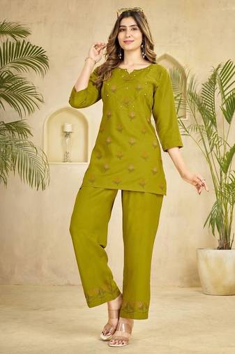 Olive heavy viscose rayon embroidered co-ord set
