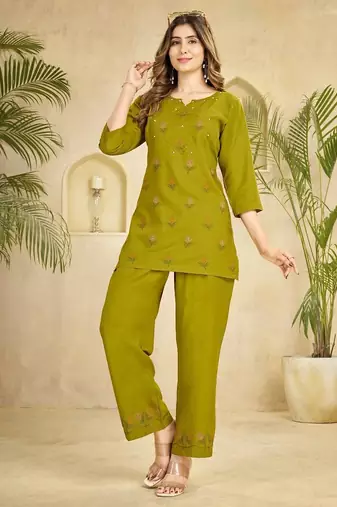 Olive heavy viscose rayon embroidered co-ord set