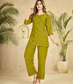 Olive heavy viscose rayon embroidered co-ord set