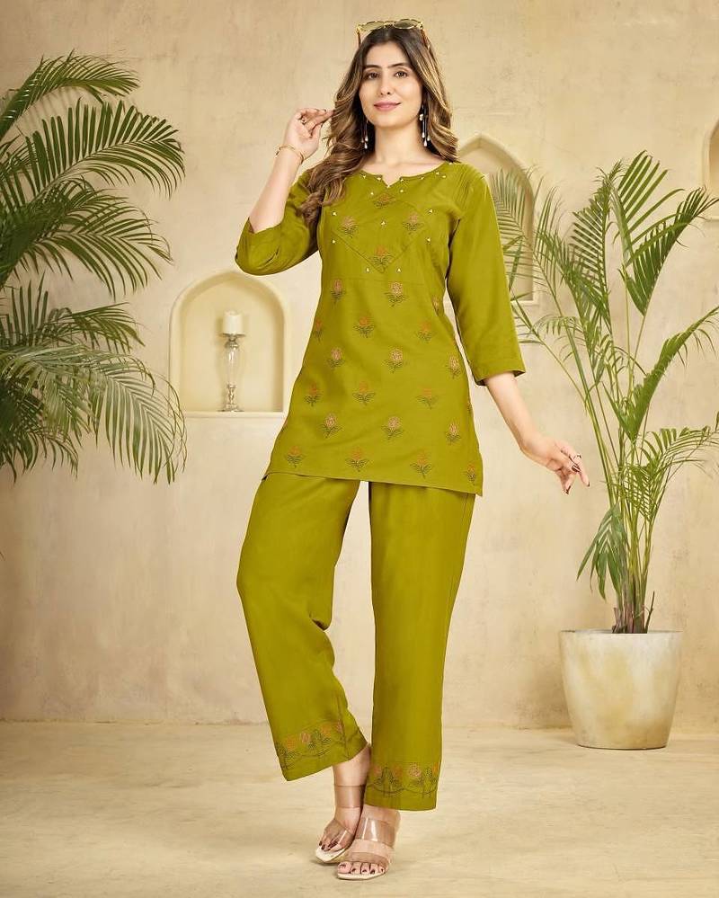 Olive heavy viscose rayon embroidered co-ord set