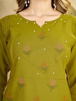 Olive heavy viscose rayon embroidered co-ord set 2