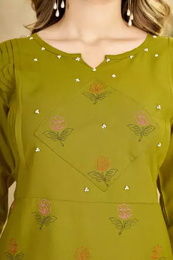 Olive heavy viscose rayon embroidered co-ord set