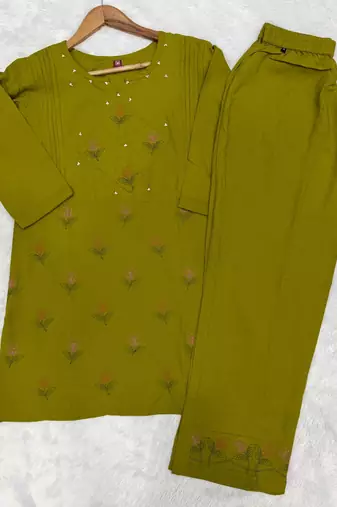 Olive heavy viscose rayon embroidered co-ord set