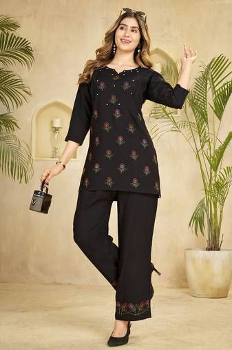 Black heavy viscose rayon embroidered co-ord set