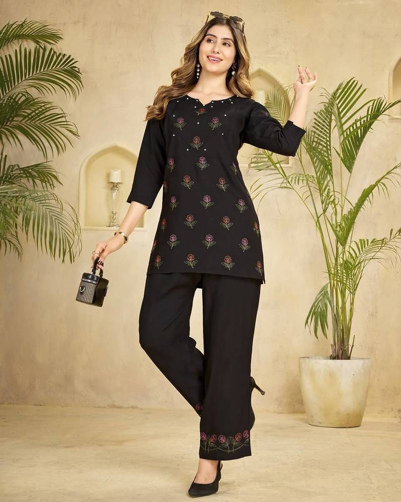 Black heavy viscose rayon embroidered co-ord set