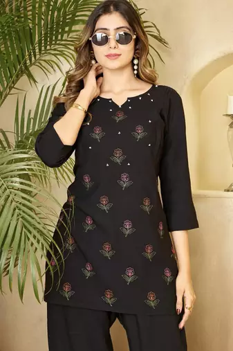 Black heavy viscose rayon embroidered co-ord set