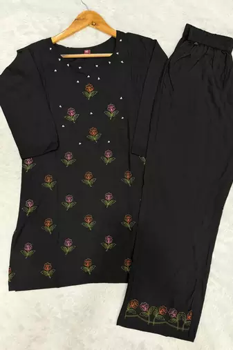 Black heavy viscose rayon embroidered co-ord set