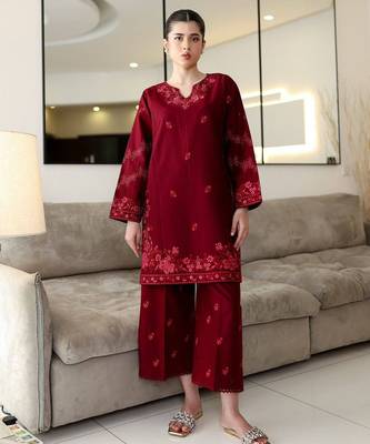 Maroon rayon cotton embroidered kurti palazzo set 1