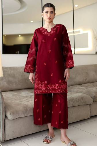 Maroon rayon cotton embroidered kurti palazzo set