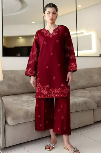 Maroon rayon cotton embroidered kurti palazzo set