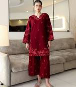 Maroon rayon cotton embroidered kurti palazzo set