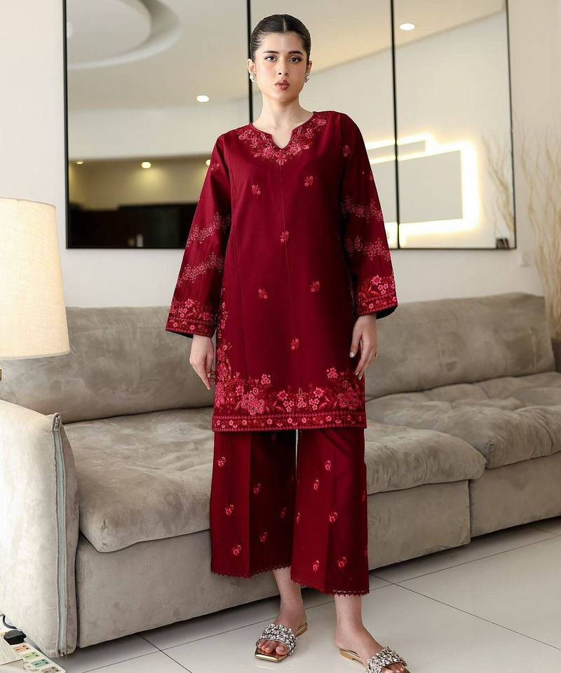Maroon rayon cotton embroidered kurti palazzo set