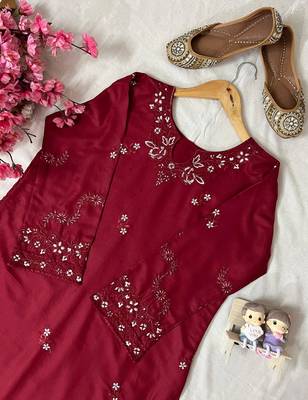 Maroon rayon cotton embroidered kurti palazzo set 3