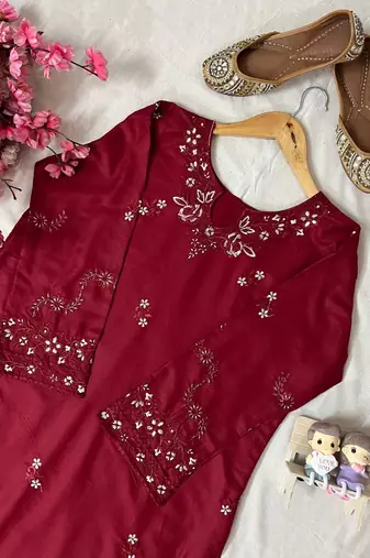 Maroon rayon cotton embroidered kurti palazzo set