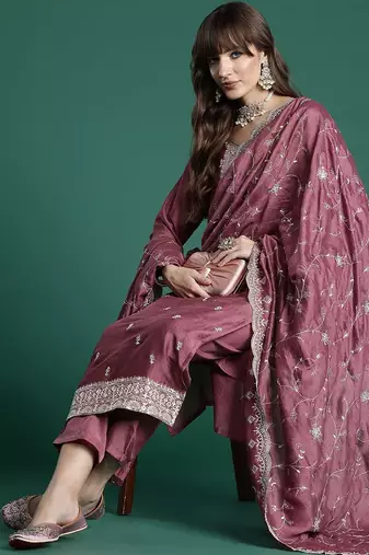 Floral embroidered thread work kurta with trousers & with dupatta