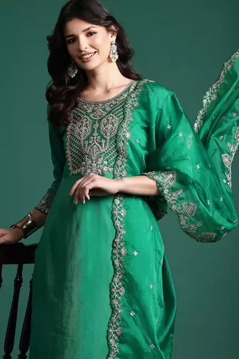 Ethnic motifs zari embroidered kurta with trousers & with dupatta