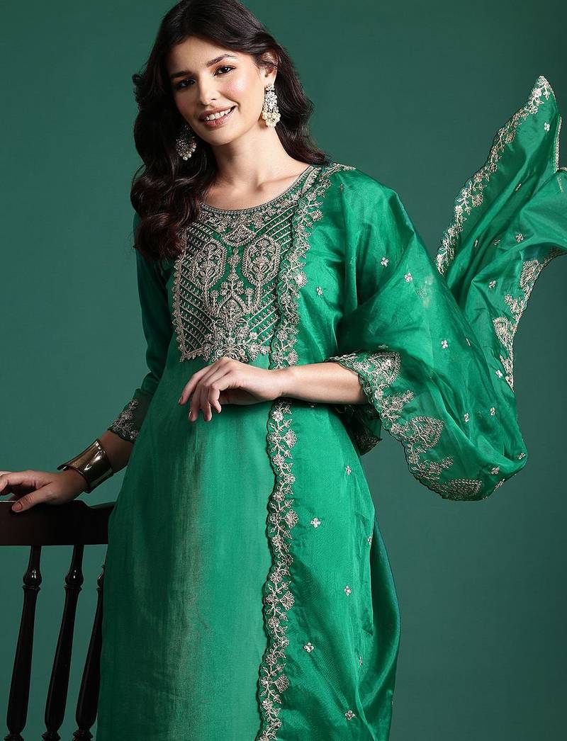 Ethnic motifs zari embroidered kurta with trousers & with dupatta
