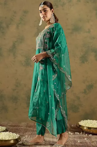 Ethnic motifs embroidered kurta with trousers &  dupatta