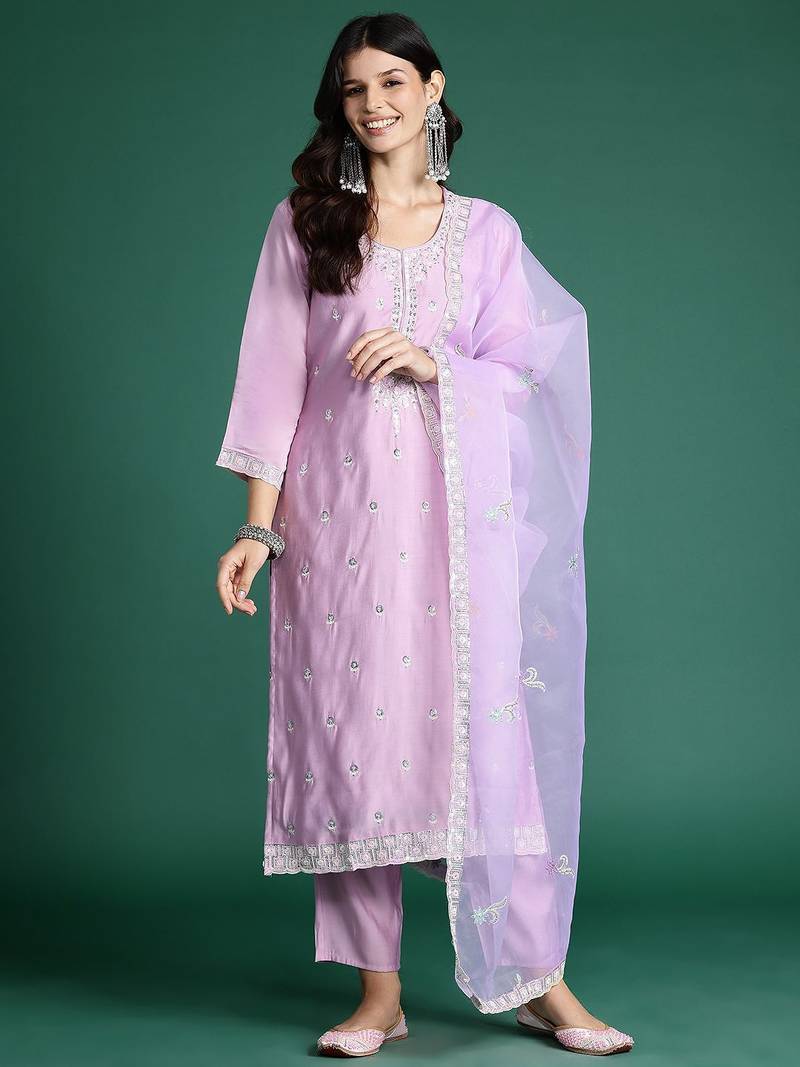 Ethnic motifs embroidered kurta with trousers & with dupatta