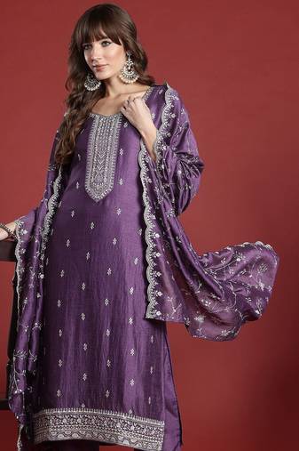Women ethnic motifs embroidered sequinned kurta with trousers & dupatta
